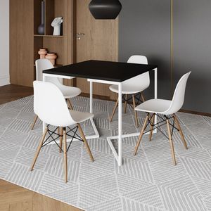 Mesa Jantar Industrial Preta 90X90Cm Base V Ferro Branco Com 4 Cadeiras Madeira Brancas Cor: Preto