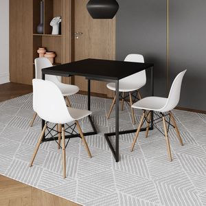 Mesa Jantar Industrial Preta Quadrada 90X90 Base V Ferro Preto Com 4 Cadeiras Brancas M Cor: Preto