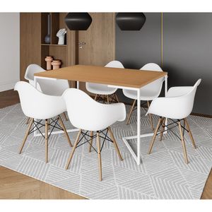 Mesa Jantar Industrial Retangular Canela 137X90Cm Base V Ferro Branco C/6 Poltronas Branca Canela