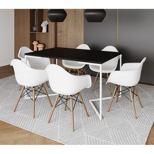 Mesa Jantar Industrial Retangular Preta 137X90Cm Base V Ferro Branco C/6 Poltronas Branca M Preto