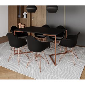 Mesa Jantar Industrial Retangular Preta 137X90Cm Base V Cobre Com 6 Poltronas Pretas Ba Cor: Preto