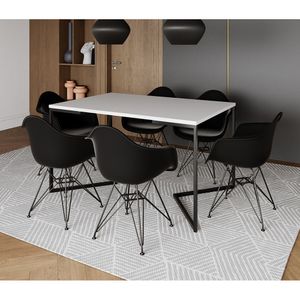 Mesa Jantar Industrial Retangular Branca 137X90Cm Base V Com 6 Poltronas Pretas Ferro P Cor: Branco
