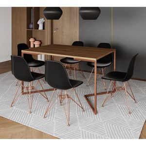 Mesa Jantar Industrial Retangular 137X90Cm Amêndoa Base V C/6 Cadeiras Pretas Base Co Cor: Amendoa