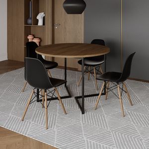 Mesa Jantar Industrial Redonda 110Cm Amêndoa Base V Ferro Preto C/4 Cadeiras Preta Base Made Amendoa