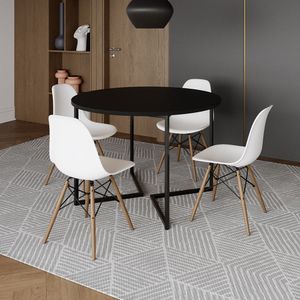 Mesa Jantar Industrial Redonda 110Cm Preta Base V Ferro Preto C/4 Cadeiras Branca Base Madei Preto
