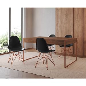 Mesa Jantar Industrial Retangular Amêndoa 137X90Cm Com 4 Cadeiras Pretas Base Cobre Cor: Amendoa