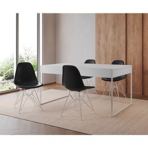Mesa Jantar Industrial Retangular Branca 137X90Cm Com 4 Cadeiras Pretas Base Ferro Cor: Branco