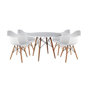 Mesa De Jantar Redonda Em Madeira 110Cm Branca Com 4 Poltronas Brancas Cor: Branco