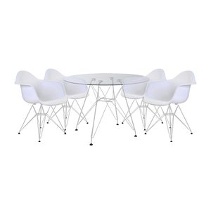 Mesa De Jantar Vidro Redonda 110Cm Com 4 Poltronas Brancas Ferro Branco Cor: Branco