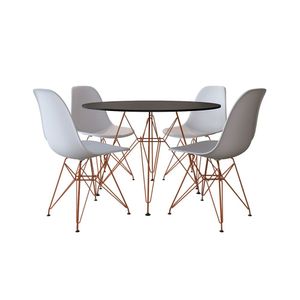 Mesa De Jantar Com 4 Cadeiras Brancas Tampo Redondo Preto 110Cm Com Base Em Ferro Cobre