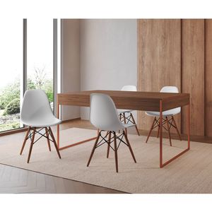 Mesa Jantar Industrial Retangular Amêndoa 137X90Cm Base Cobre Com 4 Cadeiras Brancas Cor: Amendoa