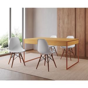 Mesa Jantar Industrial Retangular Canela 137X90Cm Base Cobre Com 4 Cadeiras Brancas Cor: Canela