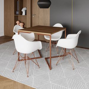 Mesa Jantar Industrial Amêndoa 90Cm Quadrada Base Cobre V C/4 Poltronas Brancas Pés C Cor: Amendoa