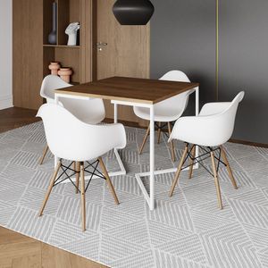Mesa Jantar Industrial Quadrada 90Cm Amêndoa Base V Ferro Branco C/4 Poltronas Branca Cor: Amendoa