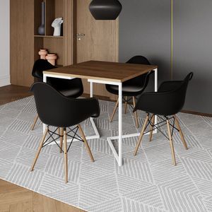 Mesa Jantar Industrial Quadrada 90Cm Amêndoa Base V Ferro Branco C/4 Poltronas Pretas Cor: Amendoa