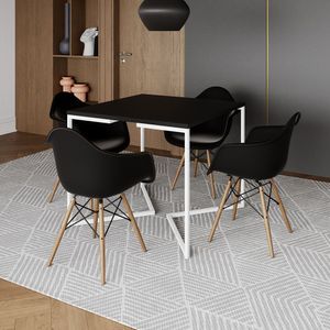 Mesa Jantar Industrial Quadrada 90Cm Preta Base V Ferro Branco Com 4 Poltronas Pretas M Cor: Preto