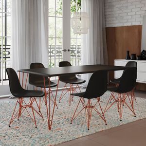 Conjunto De Mesa Clips De Ferro Cobre Tampo Preto 135X75 6 Cadeiras Cobre Assento Preto