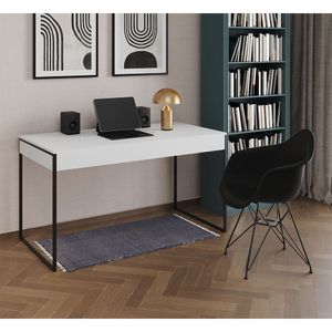 Escrivaninha Industrial Office Estudo Malta Branca 137X53Cm Com 1 Poltrona Preta Base F Cor: Branco