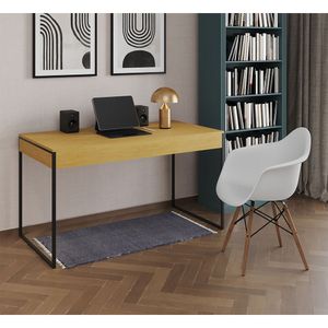 Escrivaninha Home Office Estilo Industrial Canela 137X53Cm Ferro Preto Com 1 Poltrona Branca