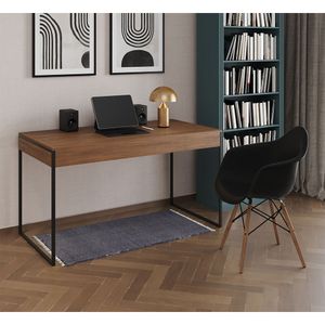Escrivaninha Home Office Estilo Industrial Amêndoa 137X53Cm Ferro Preto Com 1 Poltrona Preta