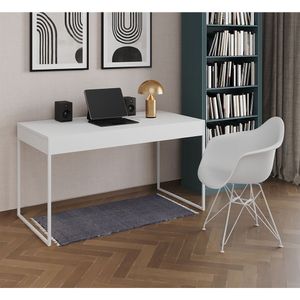 Escrivaninha Industrial Office Estudo Malta Branca 137X53Cm Com 1 Poltrona Branca Base Cor: Branco