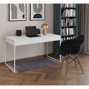 Escrivaninha Home Office Estilo Industrial Branca 137X53Cm Ferro Branco Com 1 Poltrona Preta