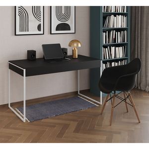 Escrivaninha Home Office Estilo Industrial Preta 137X53Cm Ferro Branco Com 1 Poltrona Preta