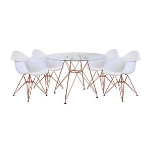 Conjunto Jantar Mesa Vidro Redonda 110Cm Com 4 Poltronas Brancas Ferro Cobre Cor: Preto