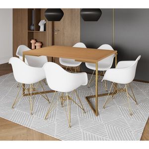 Mesa Jantar Industrial Canela 137X90Cm Base V Com 6 Poltronas Daw Brancas Base Dourada Cor: Canela