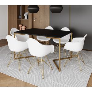 Mesa Jantar Industrial Preta 137X90Cm Base V Com 6 Poltronas Daw Brancas Base Dourada Cor: Preto
