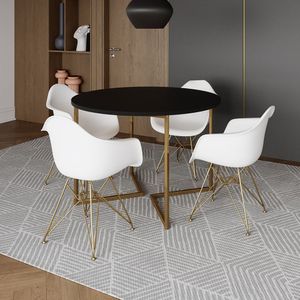 Mesa Jantar Industrial Preta 110Cm Redonda Base V Com 4 Poltronas Daw Brancas Base Dour Cor: Preto