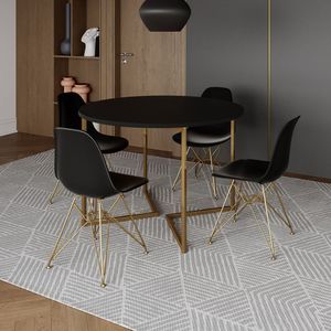 Mesa Jantar Industrial Redonda 110Cm Preta Base V Dourada Com 4 Cadeiras Pretas Base Do Cor: Preto