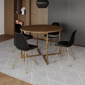 Mesa Jantar Industrial Redonda 110Cm Amêndoa Base V Dourada C/4 Cadeiras Pretas Base Cor: Amendoa