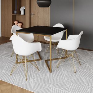 Mesa Jantar Industrial Quadrada 90Cm Preta Base V Com 4 Poltronas Daw Brancas Base Dour Cor: Preto