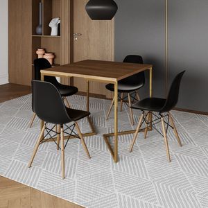 Mesa Jantar Industrial Quadrada 90Cm Amêndoa Base V Dourada C/4 Cadeiras Madeira Pret Cor: Amendoa
