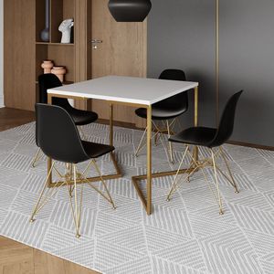 Mesa Jantar Industrial Quadrada 90Cm Branca Base V Com 4 Cadeiras Pretas Base Dourada Cor: Branco