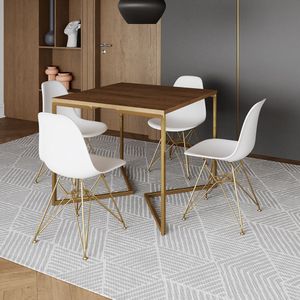 Mesa Jantar Industrial Quadrada 90Cm Amêndoa Base V C/4 Cadeiras Brancas Base Dourada Cor: Amendoa