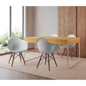 Mesa Jantar Industrial Canela 137X90Cm Base Ferro Branco Com 4 Poltronas Brancas Ei Cor: Canela