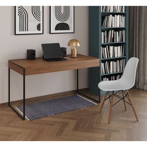 Mesa De Escritório Industrial Amêndoa 137X53Cm Base Ferro Preto Com 1 Cadeira Branca