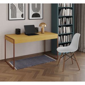 Mesa De Escritório Industrial Malta Canela 137X53Cm Base Cobre Com 1 Cadeira Branca Mad Cor: Canela