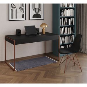 Escrivaninha Industrial Escritório Preta 137X53Cm Malta Com 1 Cadeira Preta Base Cobre Cor: Preto