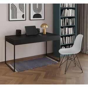 Escrivaninha Industrial Escritório Malta Preta 137X53Cm Com 1 Cadeira Branca Base Ferro Cor: Preto
