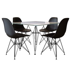 Jogo De Mesa De Ferro Preto E Tampo Quadrado Vidro 90Cm 4 Cadeiras Pretas