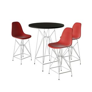 Jogo Mesa Bistrô Eames Preta 60Cm 3 Banquetas Vermelha Base Ferro Branco - Cor: Preto