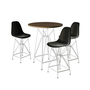 Jogo Mesa Bistrô Eames Tampo Amêndoa 60Cm 3 Banquetas Preta Base Ferro Branco - Cor: Amendoa