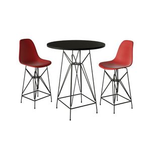Jogo Mesa Bistrô Eames Preta 60Cm 2 Banquetas Vermelha Base Ferro Preto - Cor: Preto