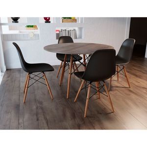 Conjunto De Mesa De Jantar Redonda 90Cm Tampo De Madeira Amêndoa Com 4 Cadeiras Pretas