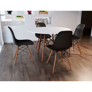 Conjunto De Mesa De Jantar Redonda 90Cm Tampo De Madeira Branco Com 4 Cadeiras Pretas