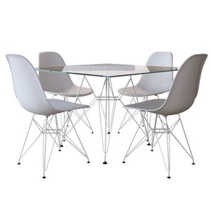 Conjunto Jantar De Ferro Branco E Tampo Quadrado Vidro 90Cm 4 Cadeiras Branca