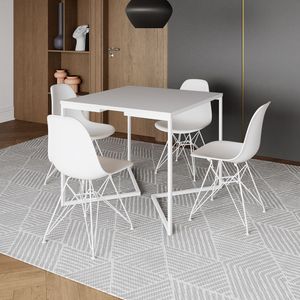 Mesa Industrial Quadrada Jantar Branca 90Cm Base V Com 4 Cadeiras Brancas Ferro Branco Cor: Branco